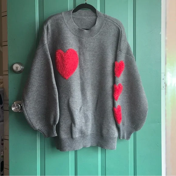 2x gray Sweater with Red Heart Accents - Picture 2 of 6
